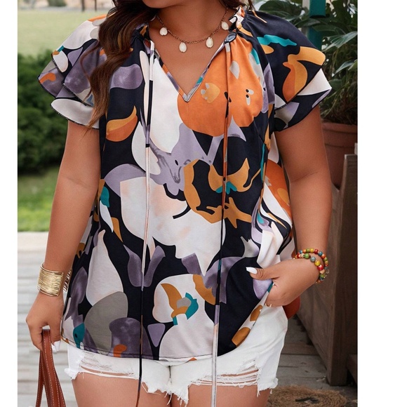 Plus Floral Print Frill Neck Tie Butterfly Sleeve Blouse - Picture 1 of 8